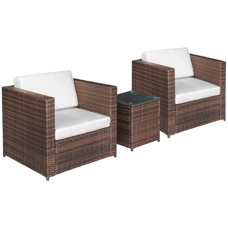 Outsunny 3-Piece Patio Wicker Bistro Set, Outdoor All-hand Weave PE Rattan Conservatory Garden Porch Furniture w/ Coffee Table