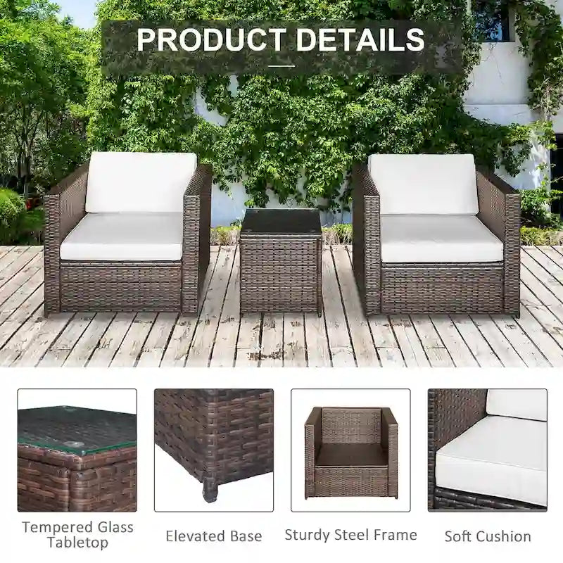 Outsunny 3-Piece Patio Wicker Bistro Set, Outdoor All-hand Weave PE Rattan Conservatory Garden Porch Furniture w/ Coffee Table