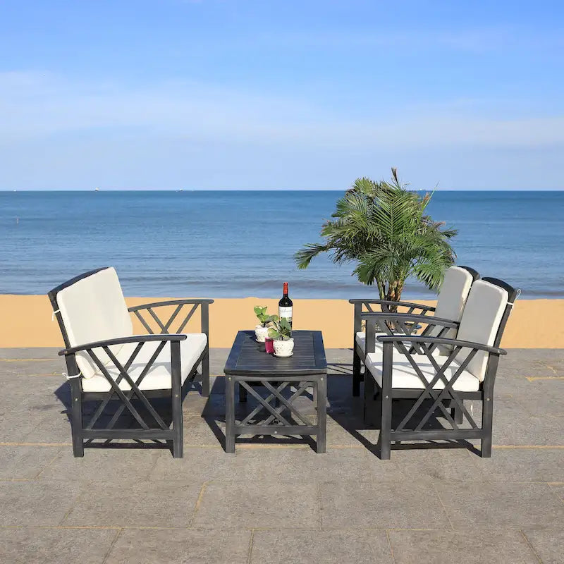 SAFAVIEH Outdoor Nayely 4-Piece Acacia Solid Wood Conversation Patio Set - 40Wx20Dx17H