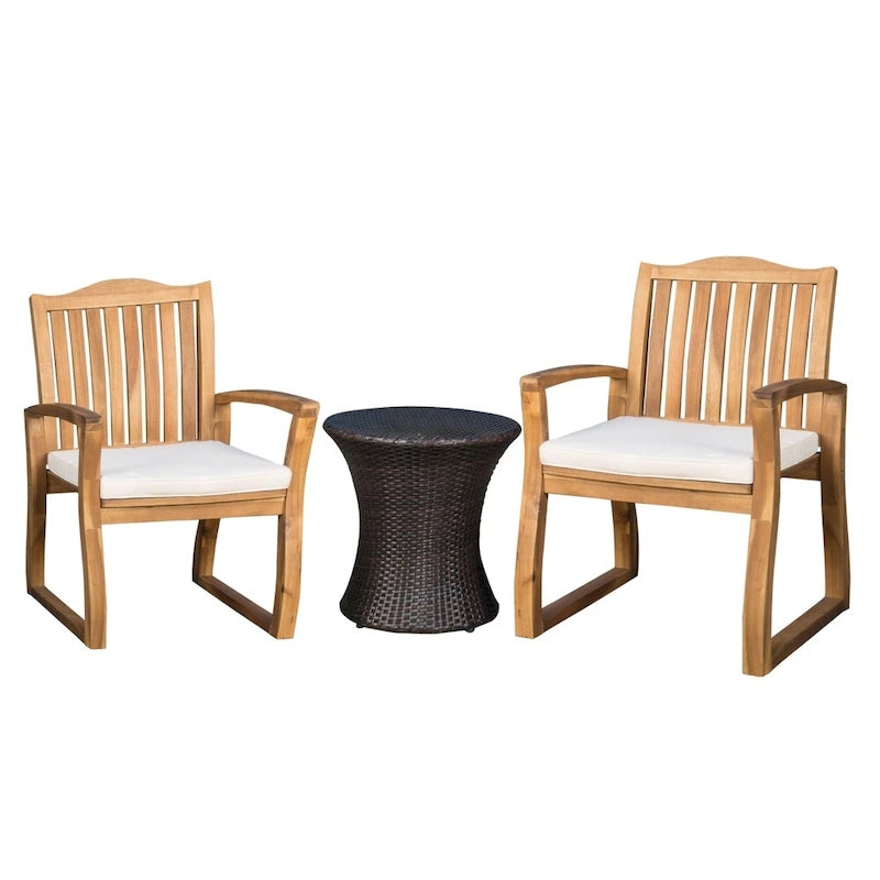 Avalon Outdoor 3-piece Acacia Wood Chat Set with Hourglass Wicker Table by Christopher Knight Home