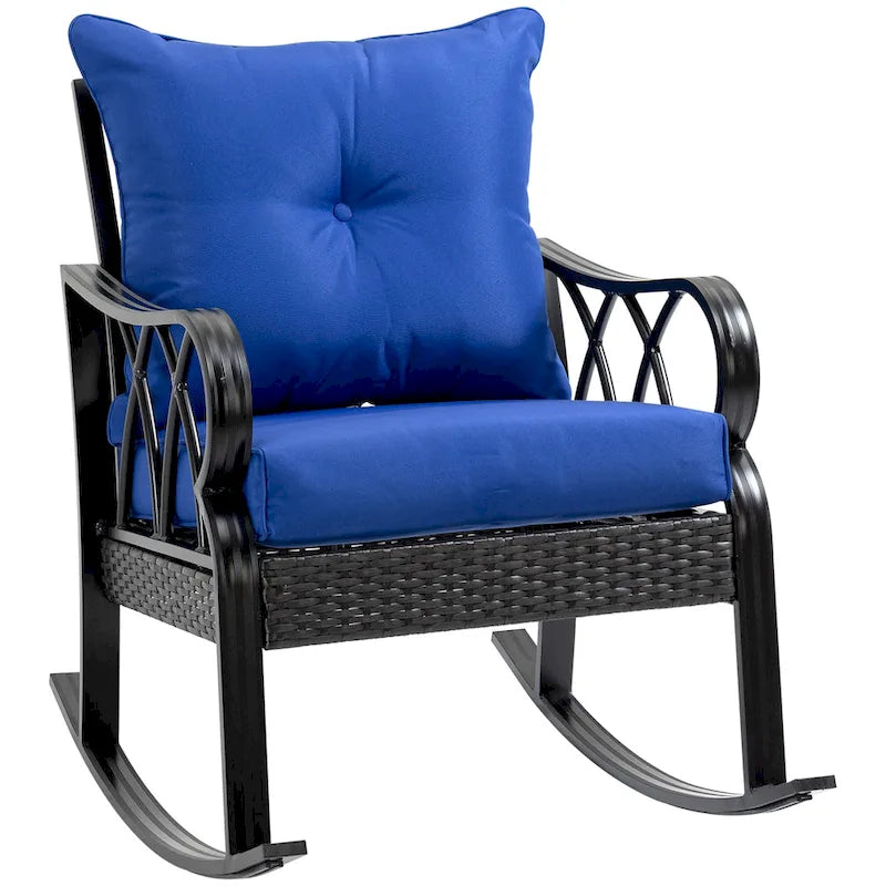 Outsunny Rattan Wicker Rocking Chair with Padded Cushions, Aluminum Frame, Armrest for Garden, Patio, and Backyard, Blue
