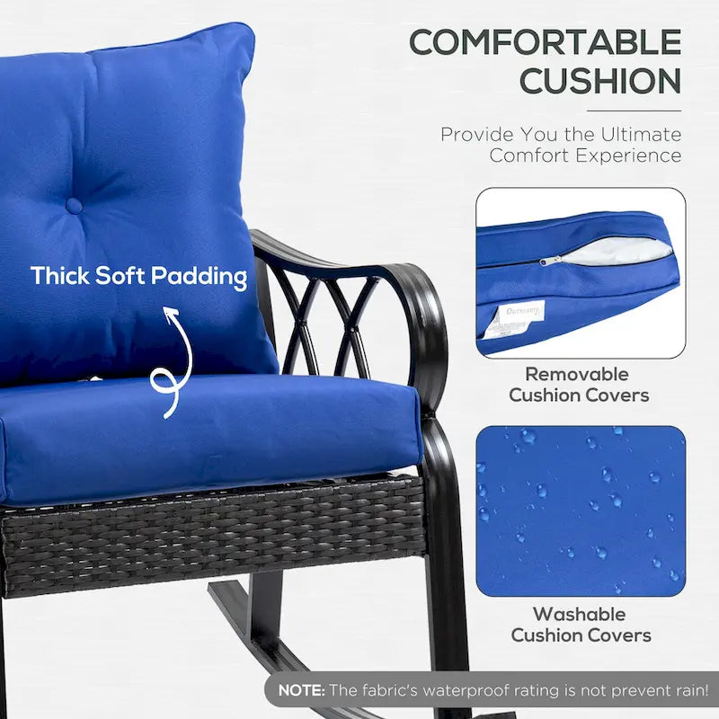 Outsunny Rattan Wicker Rocking Chair with Padded Cushions, Aluminum Frame, Armrest for Garden, Patio, and Backyard, Blue