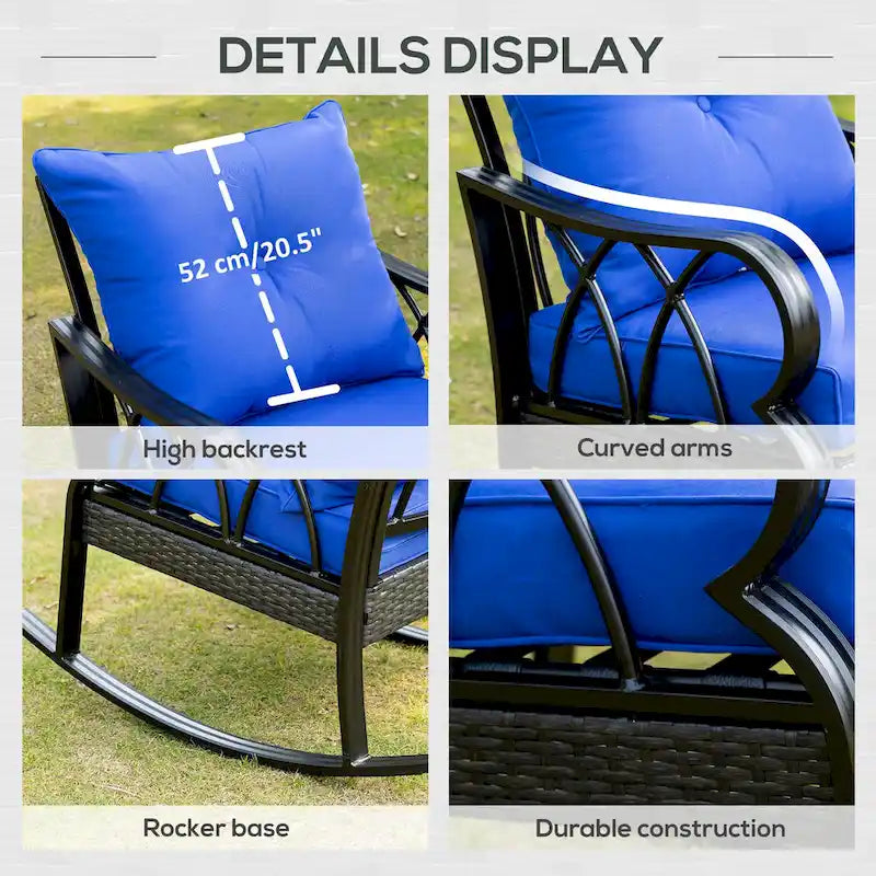 Outsunny Rattan Wicker Rocking Chair with Padded Cushions, Aluminum Frame, Armrest for Garden, Patio, and Backyard, Blue