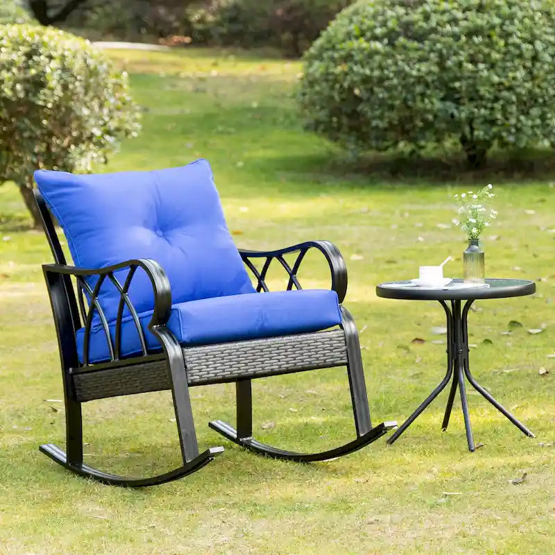 Outsunny Rattan Wicker Rocking Chair with Padded Cushions, Aluminum Frame, Armrest for Garden, Patio, and Backyard, Blue