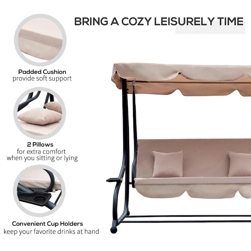 Outsunny 3 Seat Outdoor Free Standing Covered Swing Bench with Comfortable Cushioned Fabric & Included Canopy, Beige
