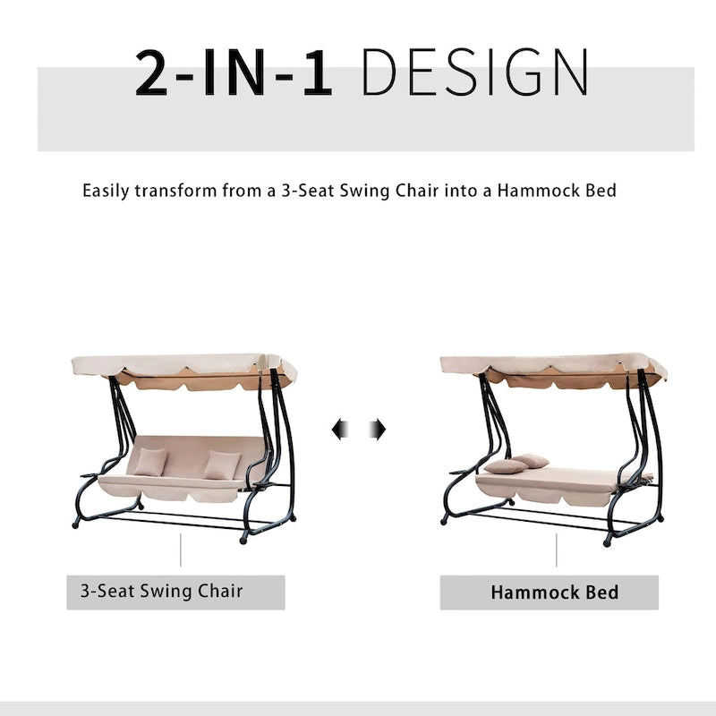 Outsunny 3 Seat Outdoor Free Standing Covered Swing Bench with Comfortable Cushioned Fabric & Included Canopy, Beige
