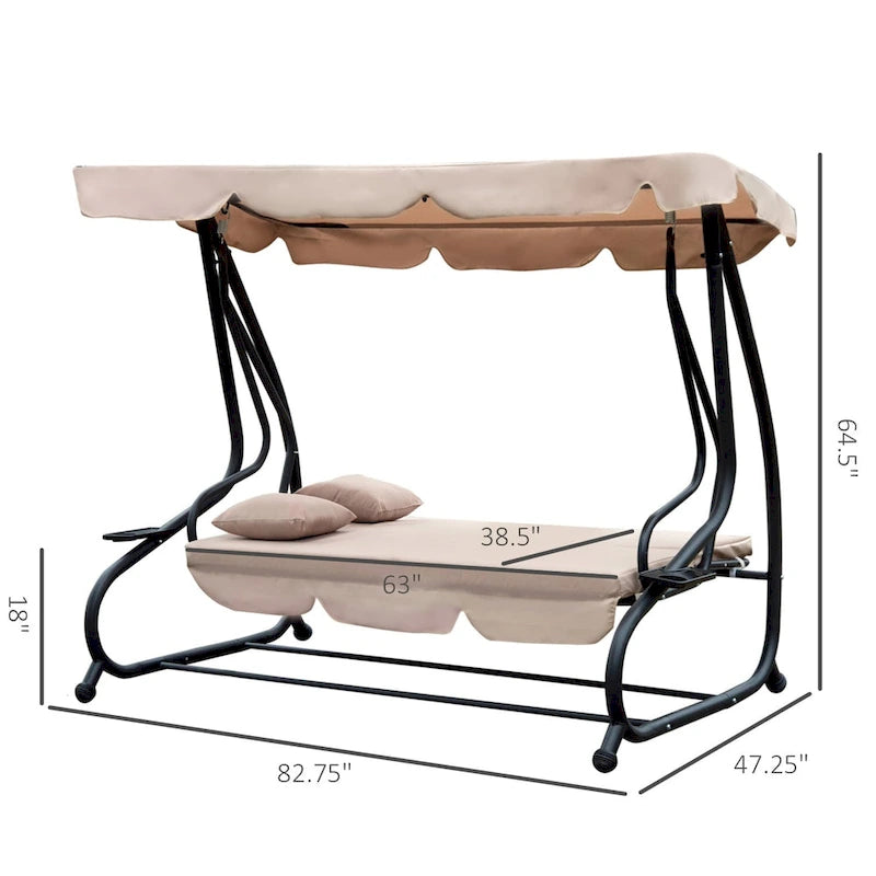 Outsunny 3 Seat Outdoor Free Standing Covered Swing Bench with Comfortable Cushioned Fabric & Included Canopy, Beige