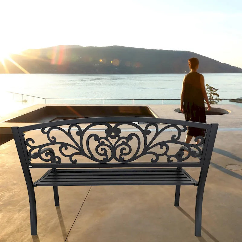Garden Bench Patio Porch Chair Cast Iron Love Seat - 34.25  H x 50  W x 23.62  D