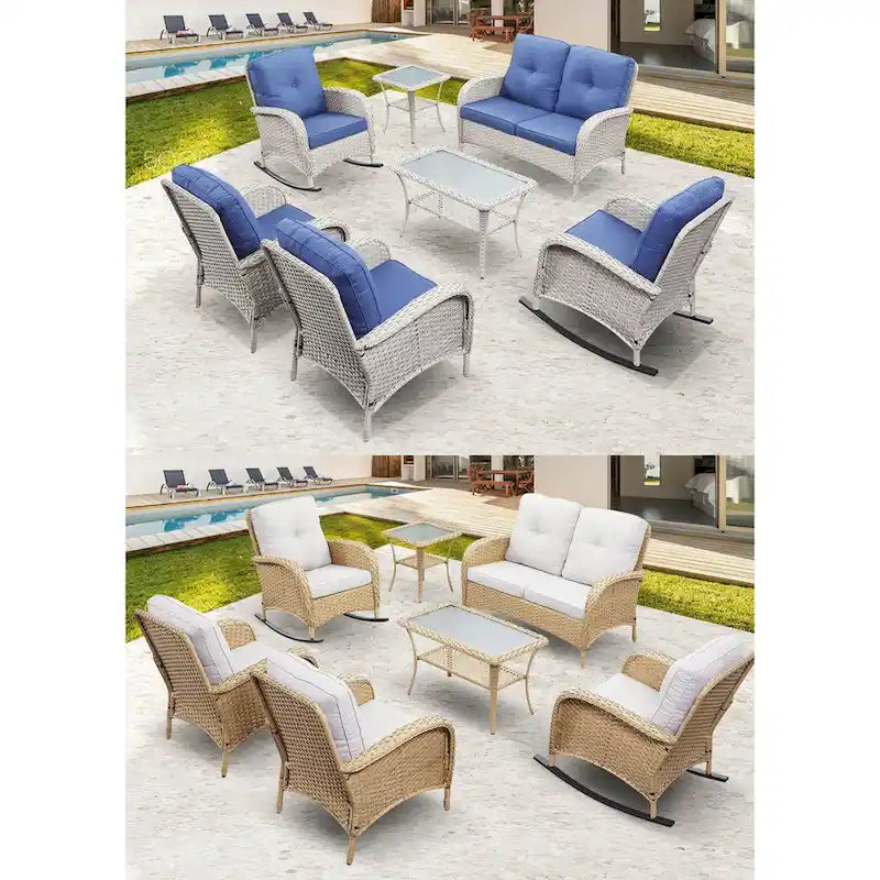 Gymojoy 7PCS Outdoor Loveseat Sofa Table Rocking Chair Furniture Set
