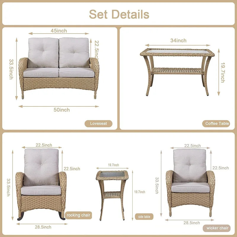 Gymojoy 7PCS Outdoor Loveseat Sofa Table Rocking Chair Furniture Set