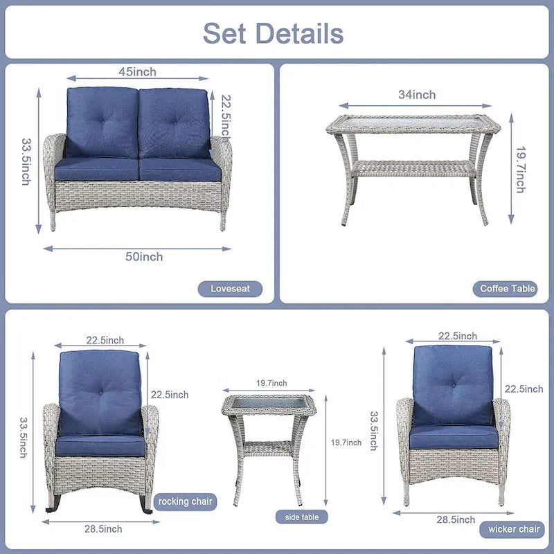 Gymojoy 7PCS Outdoor Loveseat Sofa Table Rocking Chair Furniture Set