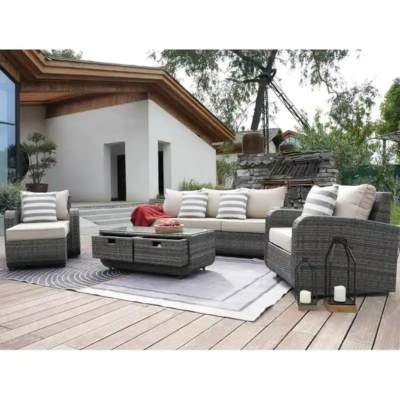 5-Pieces Classical Handwoven Rattan Sofa Set with Storage Table