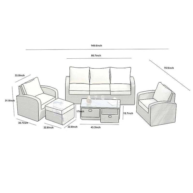 5-Pieces Classical Handwoven Rattan Sofa Set with Storage Table