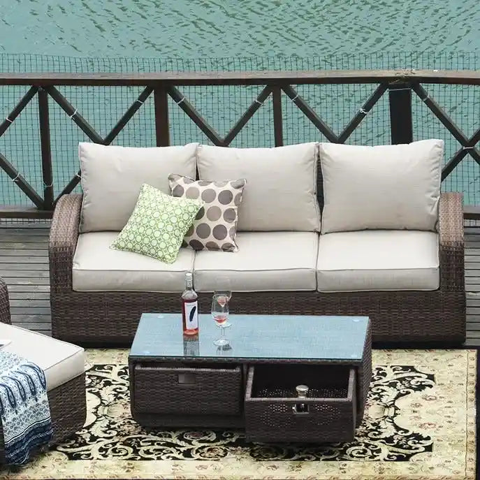 5-Pieces Classical Handwoven Rattan Sofa Set with Storage Table