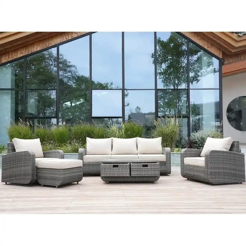 5-Pieces Classical Handwoven Rattan Sofa Set with Storage Table