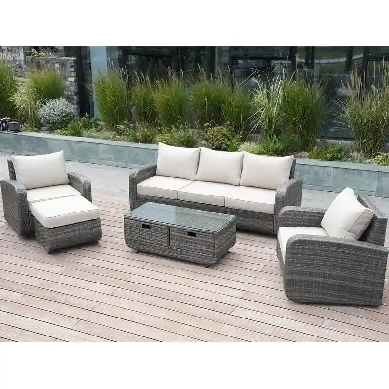 5-Pieces Classical Handwoven Rattan Sofa Set with Storage Table