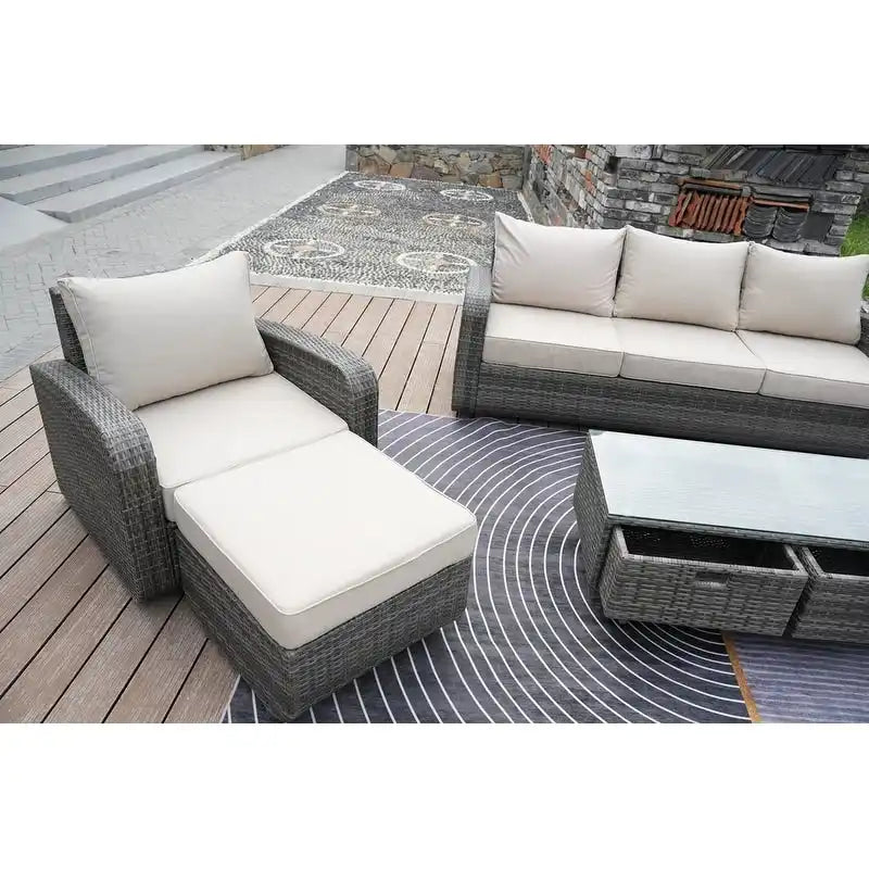 5-Pieces Classical Handwoven Rattan Sofa Set with Storage Table