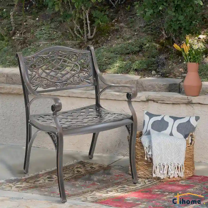 Clihome Outdoor Patio Cast Aluminum Arm Dining Chair (Set of 2)