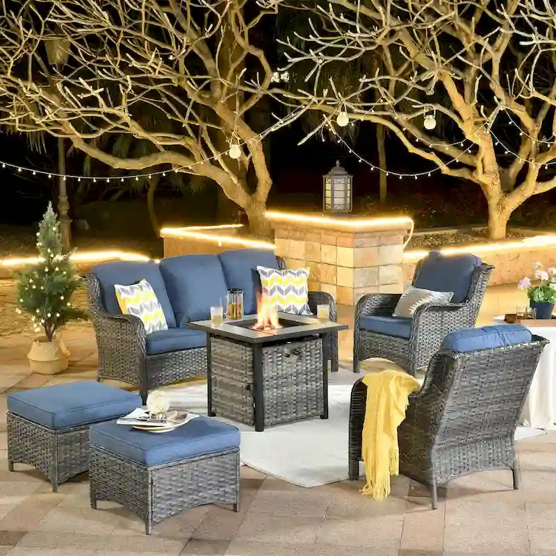 OVIOS Grey Wicker 6-piece Patio Furniture Set With 30  Fire Pit