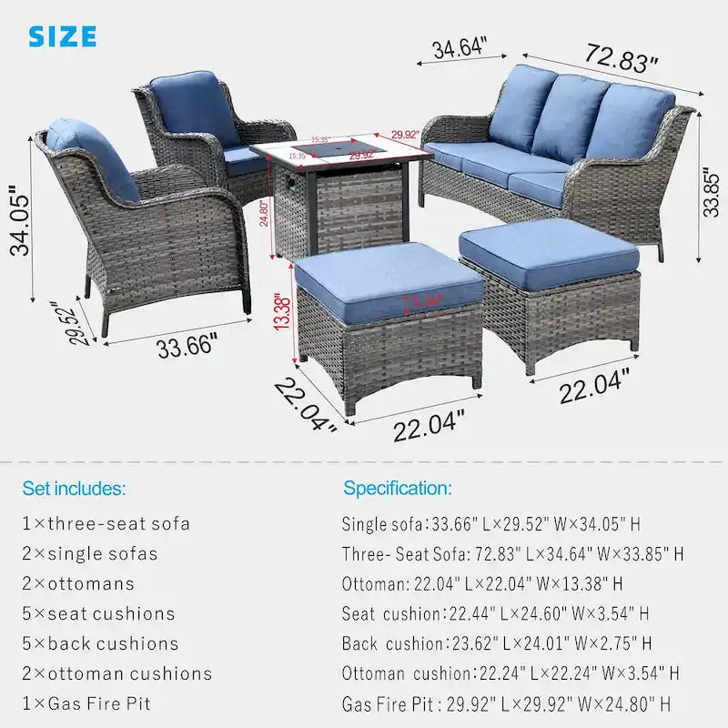 OVIOS Grey Wicker 6-piece Patio Furniture Set With 30  Fire Pit