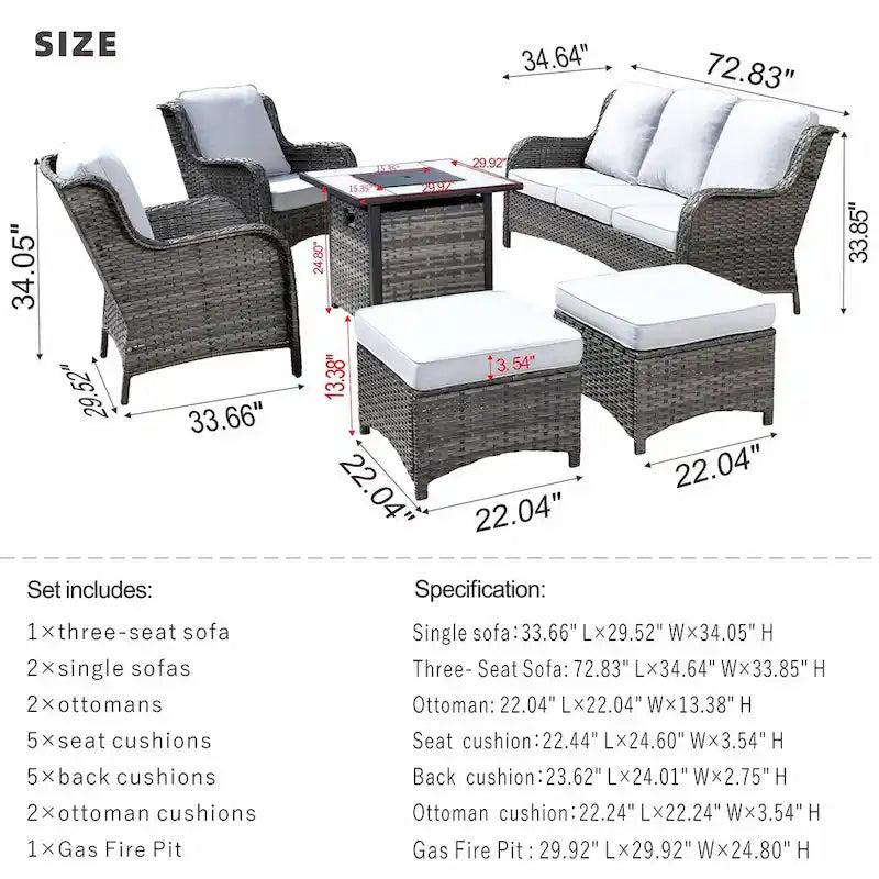 OVIOS Grey Wicker 6-piece Patio Furniture Set With 30  Fire Pit