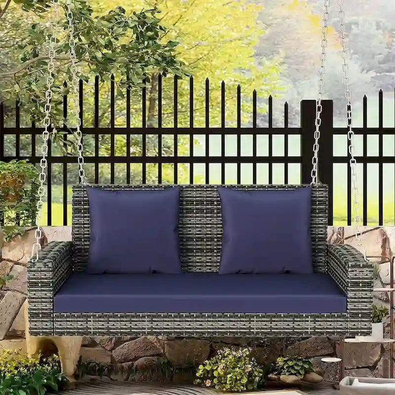 Outdoor Patio 2-Seat Wicker Porch Swing w/ Steel Chain, Cushions - 50 L x 22.4 W x 20.5 H