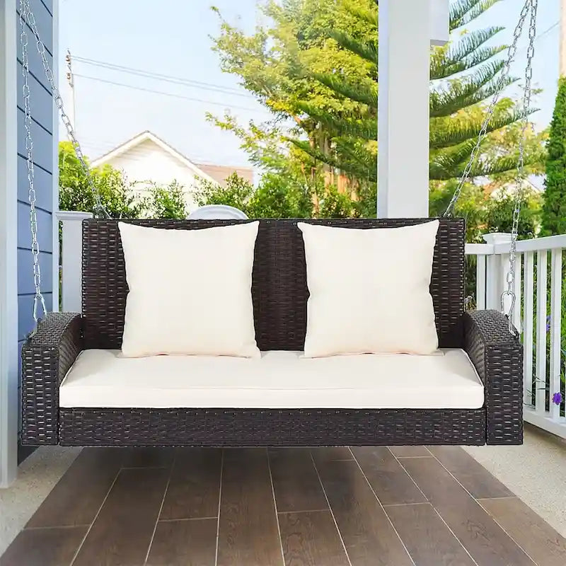 Outdoor Patio 2-Seat Wicker Porch Swing w/ Steel Chain, Cushions - 50 L x 22.4 W x 20.5 H