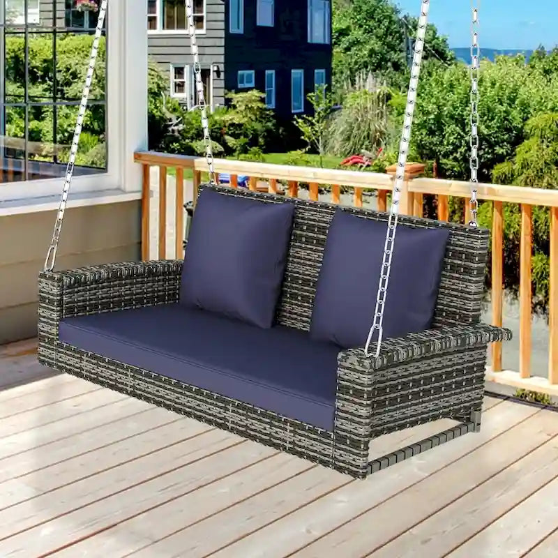 Outdoor Patio 2-Seat Wicker Porch Swing w/ Steel Chain, Cushions - 50 L x 22.4 W x 20.5 H