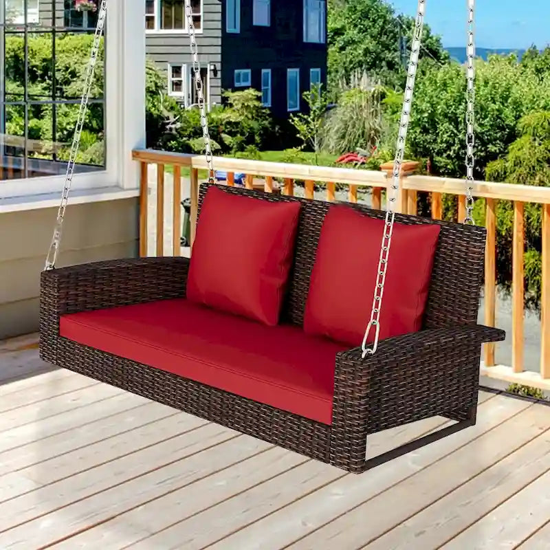 Outdoor Patio 2-Seat Wicker Porch Swing w/ Steel Chain, Cushions - 50 L x 22.4 W x 20.5 H