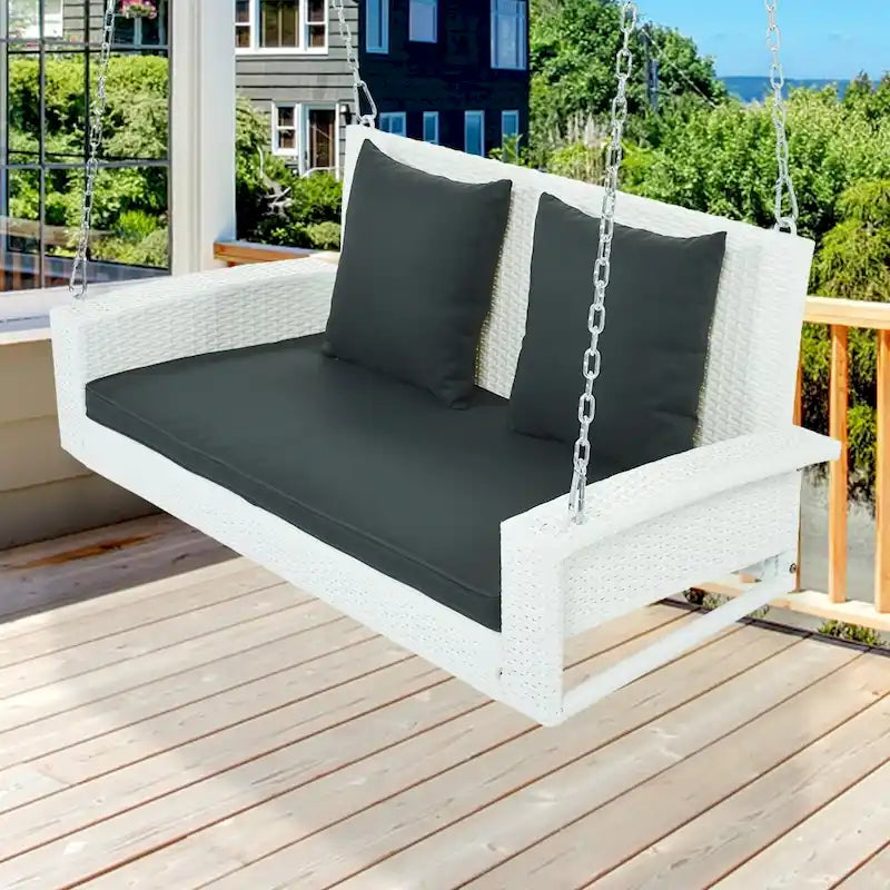 Outdoor Patio 2-Seat Wicker Porch Swing w/ Steel Chain, Cushions - 50 L x 22.4 W x 20.5 H