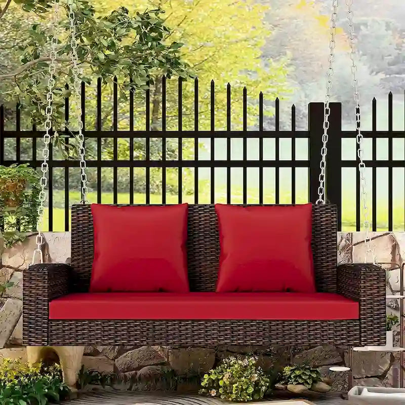Outdoor Patio 2-Seat Wicker Porch Swing w/ Steel Chain, Cushions - 50 L x 22.4 W x 20.5 H
