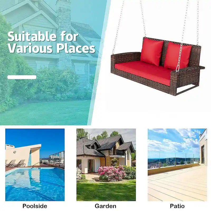 Outdoor Patio 2-Seat Wicker Porch Swing w/ Steel Chain, Cushions - 50 L x 22.4 W x 20.5 H