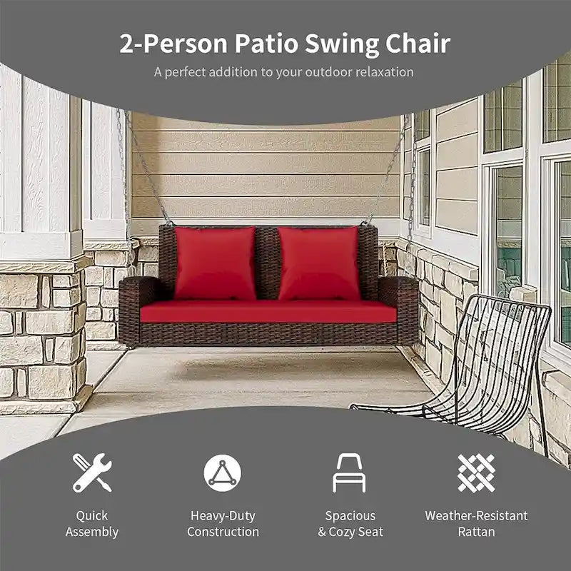 Outdoor Patio 2-Seat Wicker Porch Swing w/ Steel Chain, Cushions - 50 L x 22.4 W x 20.5 H