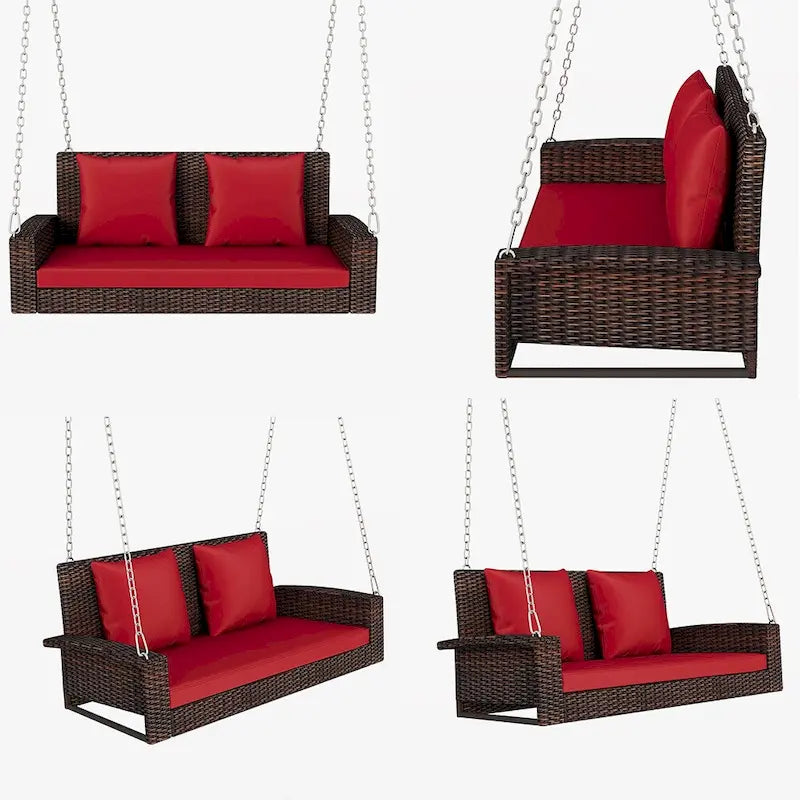 Outdoor Patio 2-Seat Wicker Porch Swing w/ Steel Chain, Cushions - 50 L x 22.4 W x 20.5 H