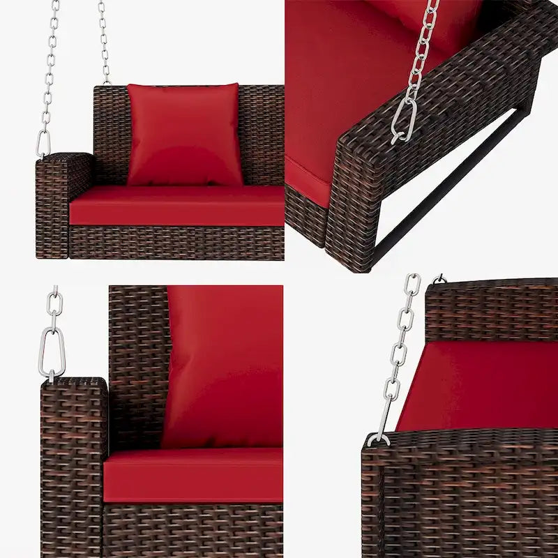 Outdoor Patio 2-Seat Wicker Porch Swing w/ Steel Chain, Cushions - 50 L x 22.4 W x 20.5 H