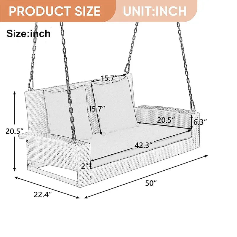 Outdoor Patio 2-Seat Wicker Porch Swing w/ Steel Chain, Cushions - 50 L x 22.4 W x 20.5 H