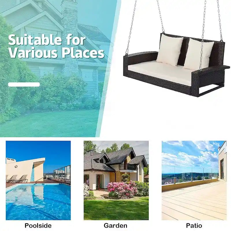 Outdoor Patio 2-Seat Wicker Porch Swing w/ Steel Chain, Cushions - 50 L x 22.4 W x 20.5 H
