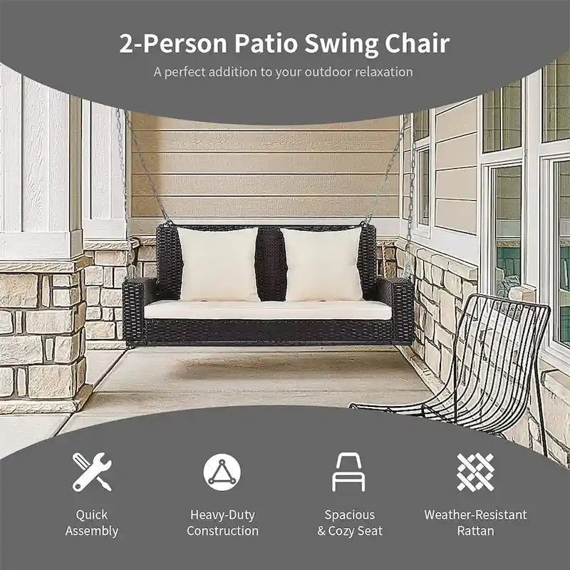 Outdoor Patio 2-Seat Wicker Porch Swing w/ Steel Chain, Cushions - 50 L x 22.4 W x 20.5 H