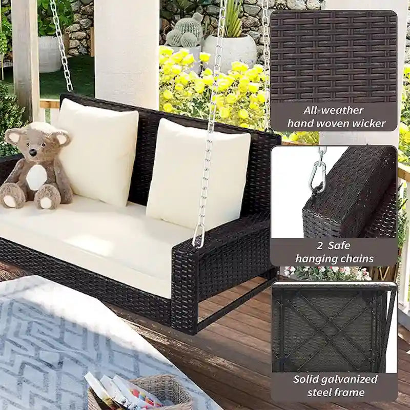 Outdoor Patio 2-Seat Wicker Porch Swing w/ Steel Chain, Cushions - 50 L x 22.4 W x 20.5 H