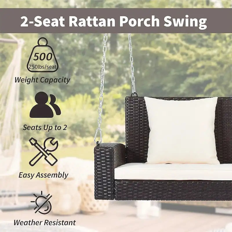 Outdoor Patio 2-Seat Wicker Porch Swing w/ Steel Chain, Cushions - 50 L x 22.4 W x 20.5 H
