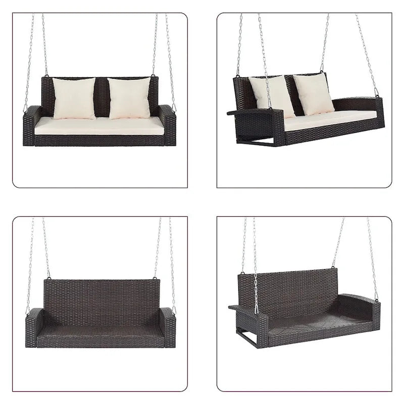 Outdoor Patio 2-Seat Wicker Porch Swing w/ Steel Chain, Cushions - 50 L x 22.4 W x 20.5 H