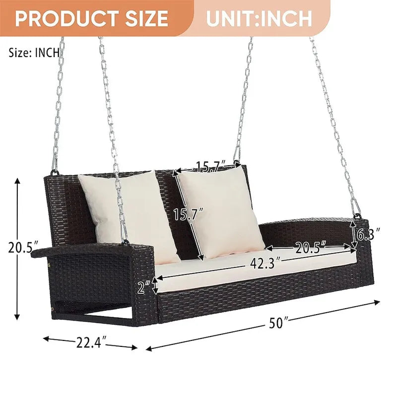Outdoor Patio 2-Seat Wicker Porch Swing w/ Steel Chain, Cushions - 50 L x 22.4 W x 20.5 H
