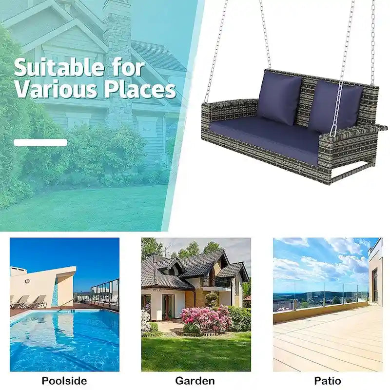 Outdoor Patio 2-Seat Wicker Porch Swing w/ Steel Chain, Cushions - 50 L x 22.4 W x 20.5 H