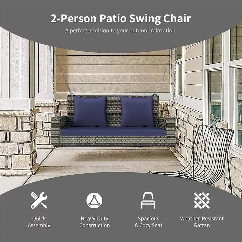 Outdoor Patio 2-Seat Wicker Porch Swing w/ Steel Chain, Cushions - 50 L x 22.4 W x 20.5 H