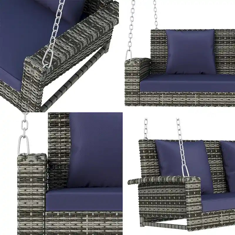 Outdoor Patio 2-Seat Wicker Porch Swing w/ Steel Chain, Cushions - 50 L x 22.4 W x 20.5 H