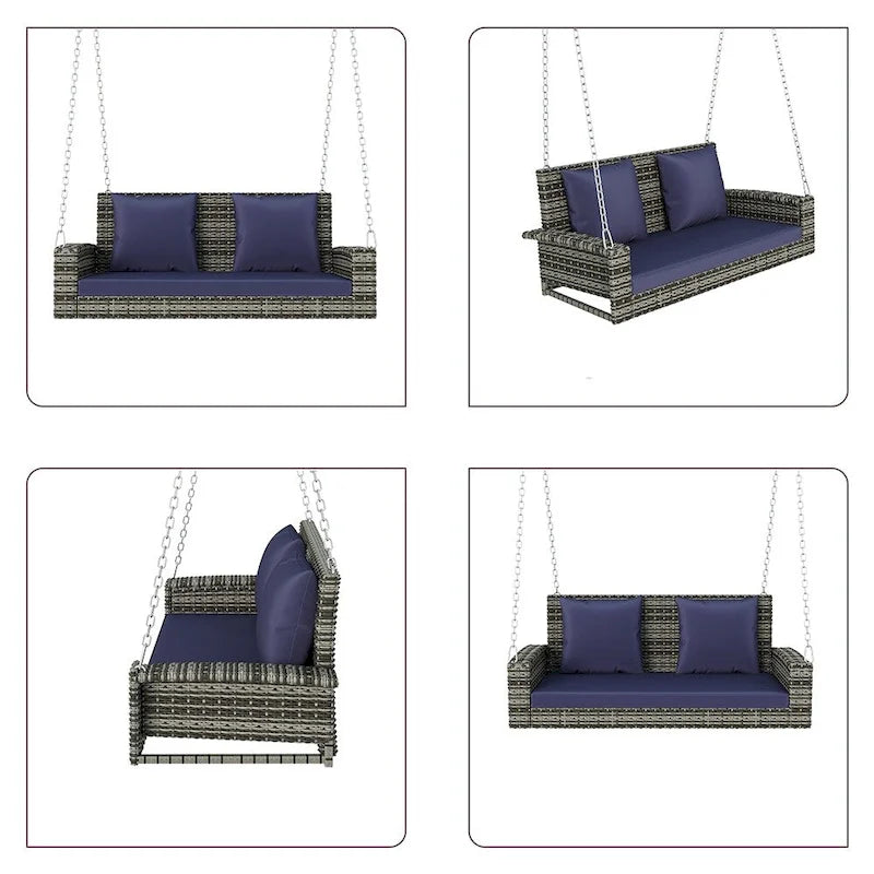 Outdoor Patio 2-Seat Wicker Porch Swing w/ Steel Chain, Cushions - 50 L x 22.4 W x 20.5 H