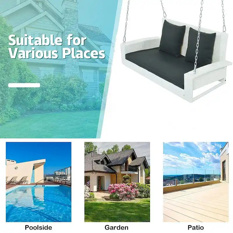 Outdoor Patio 2-Seat Wicker Porch Swing w/ Steel Chain, Cushions - 50 L x 22.4 W x 20.5 H