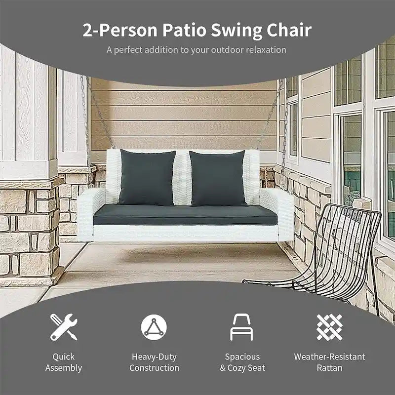 Outdoor Patio 2-Seat Wicker Porch Swing w/ Steel Chain, Cushions - 50 L x 22.4 W x 20.5 H