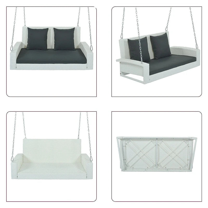 Outdoor Patio 2-Seat Wicker Porch Swing w/ Steel Chain, Cushions - 50 L x 22.4 W x 20.5 H