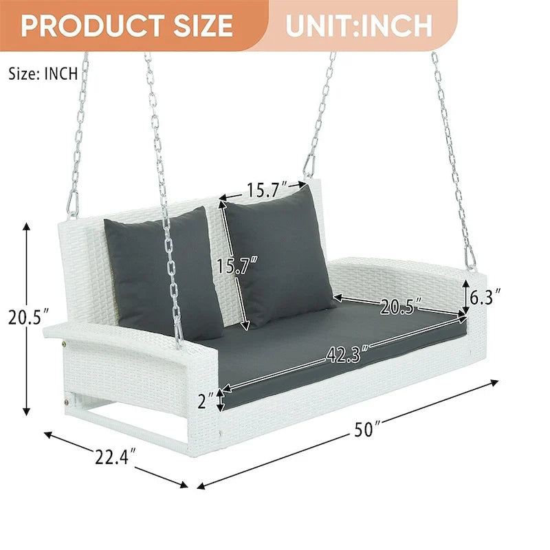 Outdoor Patio 2-Seat Wicker Porch Swing w/ Steel Chain, Cushions - 50 L x 22.4 W x 20.5 H